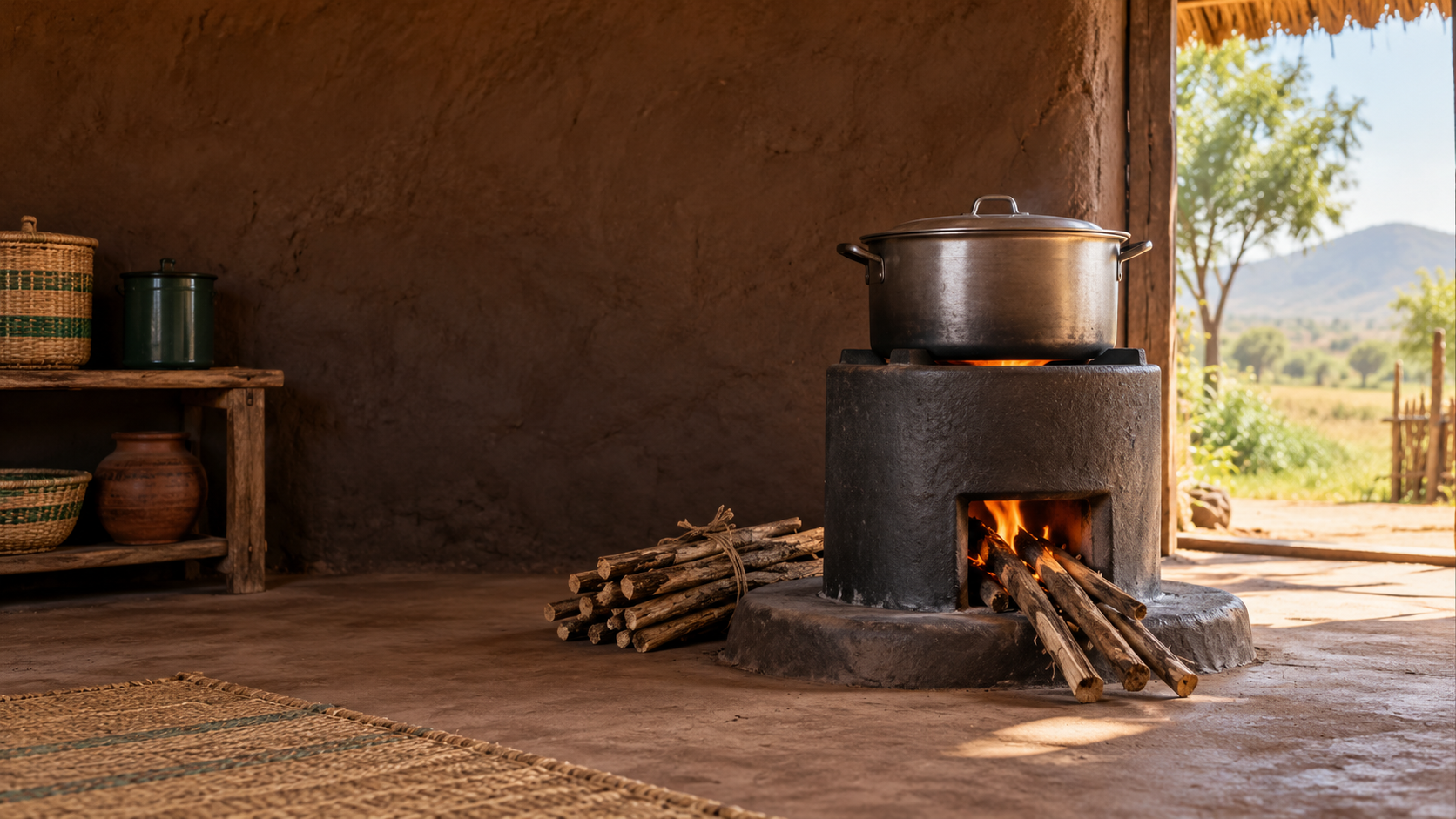 Illustrative efficient cookstove with a cooking pot inside a rural Zimbabwean kitchen, with no people present.